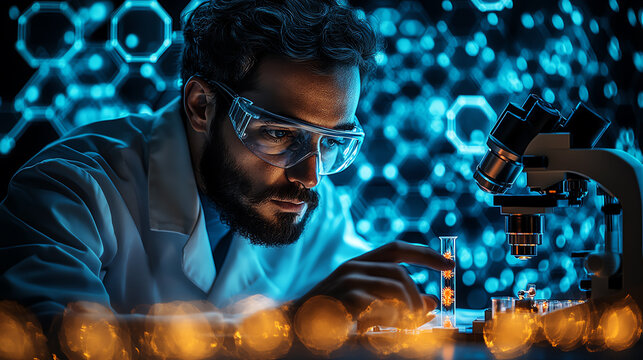 A focused scientist examines samples under a microscope, surrounded by glowing molecular structures, showcasing laboratory innovation.