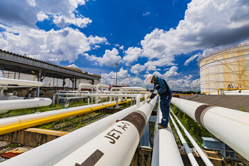 Male worker inspection at steel long pipes and pipe elbow in station oil factory during refinery...