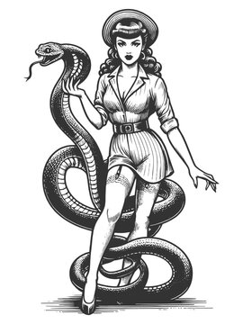 pin-up girl with large snake wrapped around her, daring theme sketch engraving generative ai fictional character vector illustration. Scratch board imitation. Black and white image.