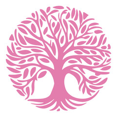 A pink tree of life silhouette with abstract organic shapes and patterns