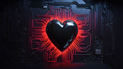 A heart made of electronic components is lit up in red