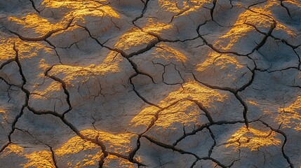 Intricate pattern of cracked desert earth with fine details and textures highlighted by golden...