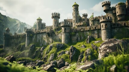 ancient defensive towers against the backdrop of green meadows  