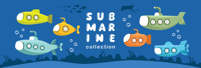 Submarine vector illustration. Set of submarine boat. Submarine underwater. Under the sea. Deep ocean illustration with submarine ship.