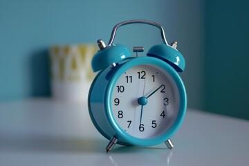 Blue alarm clock is ticking and showing five o'clock on white nightstand