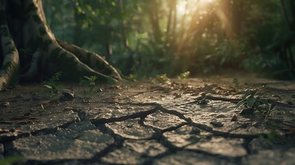 Fototapeta premium A close-up view of cracked ground in a once-lush forest area, symbolizing deforestation and loss of biodiversity, capturing the environmental challenges in vivid