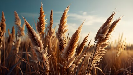 Fototapeta premium Dry plant reeds as beauty nature background, Abstract natural backdrop. Reed grass or pampas grass outdoors with daylight, life style nature scene, organic design wide banner. Soft focu Generative AI