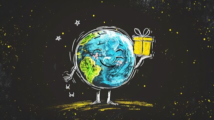 Fototapeta premium scribble of a cute earth with a face handing out a package in a park, black background 