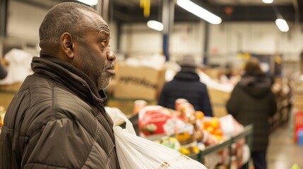 Obraz premium A man stands in line, holding groceries, surrounded by others at a community food pantry