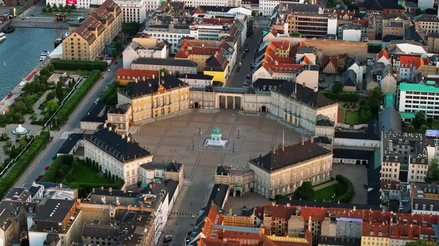 Aerial drone view of Amalienborg Palace in the city centre of Copenhagen, Denmark