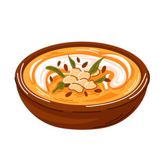 Plate with cream soup with croutons pumpkin flavored in cartoon. Dinner menu design for autumn season. Vector illustration isolated on a white background.