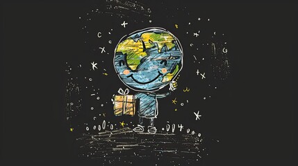 scribble of a cute earth with a face handing out a package in a park, black background 
