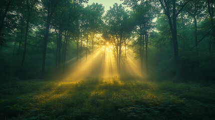 Obraz premium Enchanting sunlight streams through a tranquil forest, creating a serene and magical atmosphere in nature.