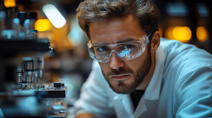 Focused scientist in protective eyewear conducts research in laboratory, showcasing dedication and innovation in science.