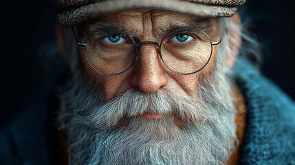 Elderly man with a beard and glasses, wearing a cap, with a focused and intense expression.