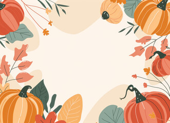 Autumn background vector design with pumpkins and fall leaves frame on beige color