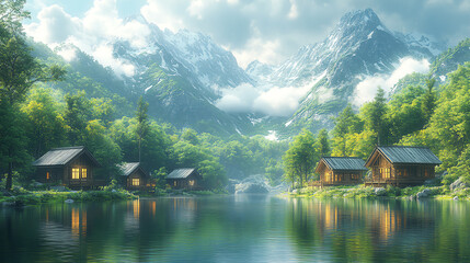 Fototapeta premium Serene landscape featuring a tranquil lake, charming cabins, lush greenery, and majestic mountains under a clear sky.