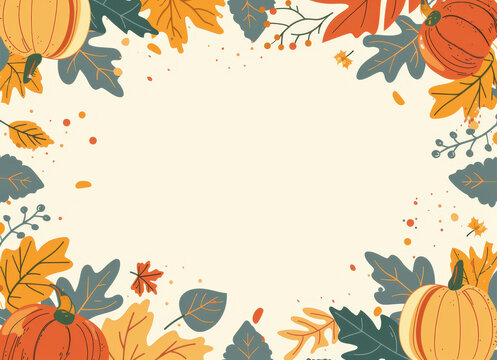 Autumn background vector design with pumpkins and fall leaves frame on beige color