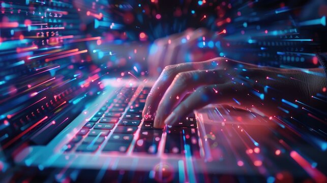 Hands typing on a laptop, digital matrix background, glowing data streams, representing cybersecurity and data transfer 
