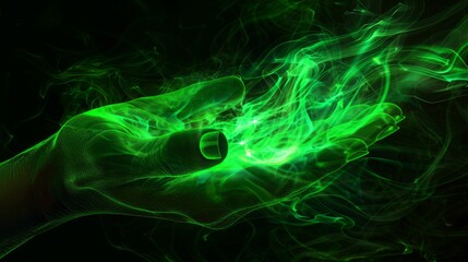 Obraz premium green glowing fantasy hand concept art , green glowing hand , fantasy hand concept , magical glowing neon smoke