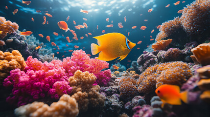 Fototapeta premium Vibrant underwater scene featuring colorful coral reefs and a lively yellow fish swimming gracefully.