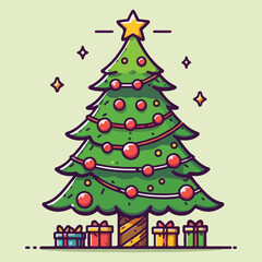 Christmas sparkling bright tree with star. Merry Christmas and Happy New Year. Design of objects, light, ball, Gift box, surprise gifts, gold confetti. Vector illustration