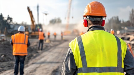 A construction site with workers exposed to dust and noise pollution
