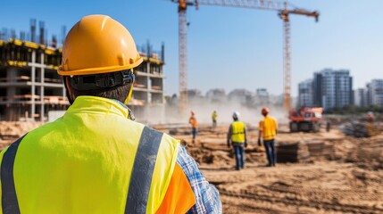 A construction site with workers exposed to dust and noise pollution