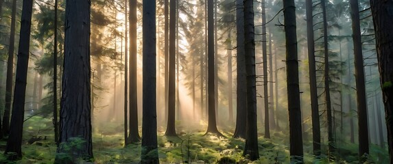 Obraz premium Serene forest landscape misty morning light and t