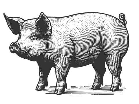 recommend clip art: piglet in a vintage engraving style, with detailed shading and textures sketch engraving generative ai fictional character vector illustration. Scratch board imitation. Black and white image.