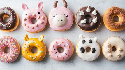 Fototapeta premium Animal Donuts: Donuts decorated to look like various animals.