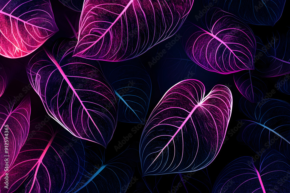 Wall mural abstract neon pitanga leaves isotated on black background.