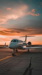 A sleek private jet stands on the tarmac against a vibrant sunset, ready for takeoff