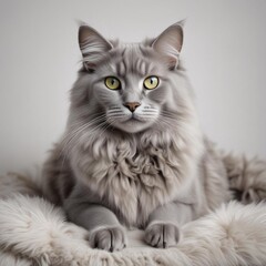 An Highly Detailed Shot Of A Regal Nebelung Cat Resting On A Plush Cushion Against A White The