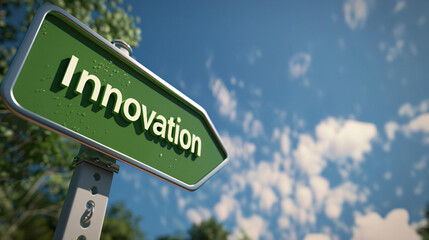 Fototapeta premium Green road sign pointing to innovation under a blue sky with white clouds