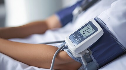 A closeup of a digital blood pressure cuff inflating on a woman's arm, capturing the healthcare process.
