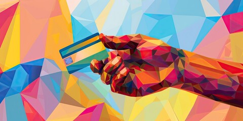 Hand holding a credit card in abstract colors.