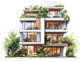realistic, detailed, illustration, modern house, multi-story, white background, balconies, large windows, rooftop garden, outdoor seating area, greenery, potted plants, small trees, natural feel, cozy
