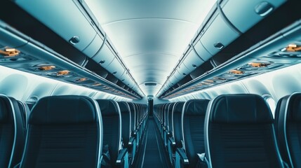 Fototapeta premium A perspective view down the aisle of an empty airplane, capturing the symmetrical arrangement of seats and overhead bins
