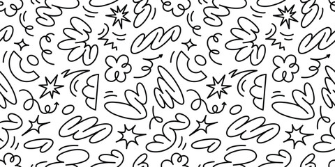 Abstract vector seamless pattern with floral shapes, groovy doodles and squiggle lines. Ideal for retro-inspired designs and creative projects.