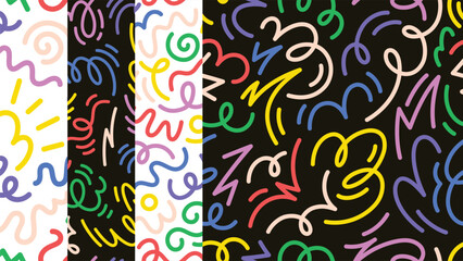 Abstract doodle seamless patterns bundle. Creative squiggle color lines. Trendy colorful background.