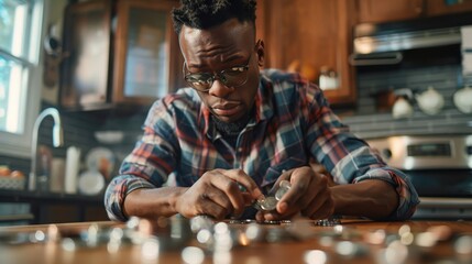 Obraz premium A man sorts through various coins while focused on his task in a warm kitchen