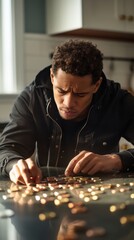 A young man meticulously counts and organizes coins on a kitchen countertop