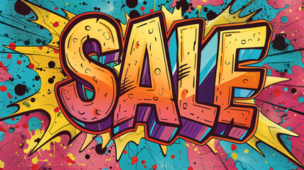 Colorful illustration showing the word sale in a vibrant comic book style, perfect for advertising a discount or promotion