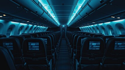 Obraz premium An empty airplane cabin with dimmed cabin lights, featuring rows of seats with personal entertainment screens turned off