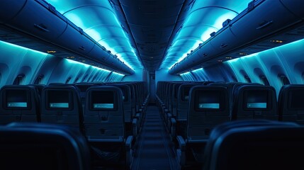 Fototapeta premium An empty airplane cabin with dimmed cabin lights, featuring rows of seats with personal entertainment screens turned off