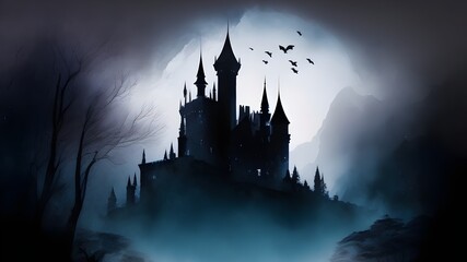 Artistic concept painting of a haunted house in a foggy night landscape. An old vintage creepy mansion painted with dark ink. Halloween background image.