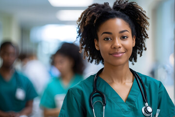 A woman in a green scrubs is smiling and posing for a picture