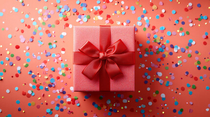 Obraz premium Festive gift box with a bright red bow, surrounded by colorful confetti on a vibrant coral background, captured from above.