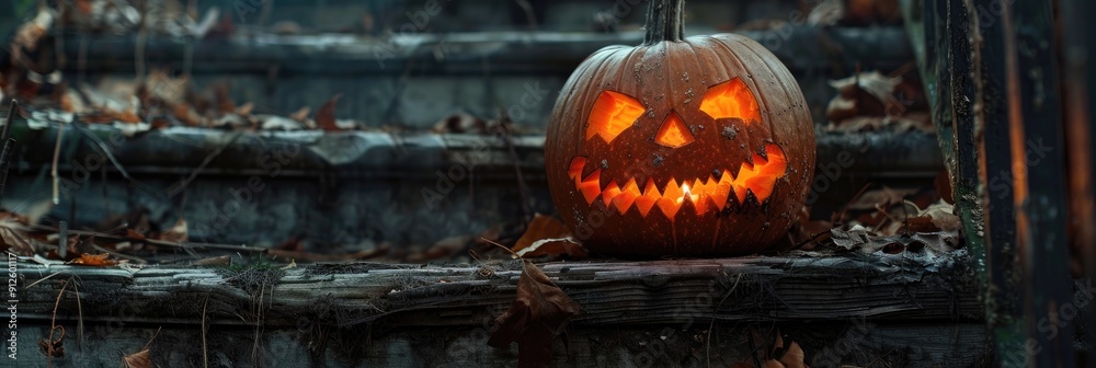 Poster Close up of a jack o lantern pumpkin on stairs